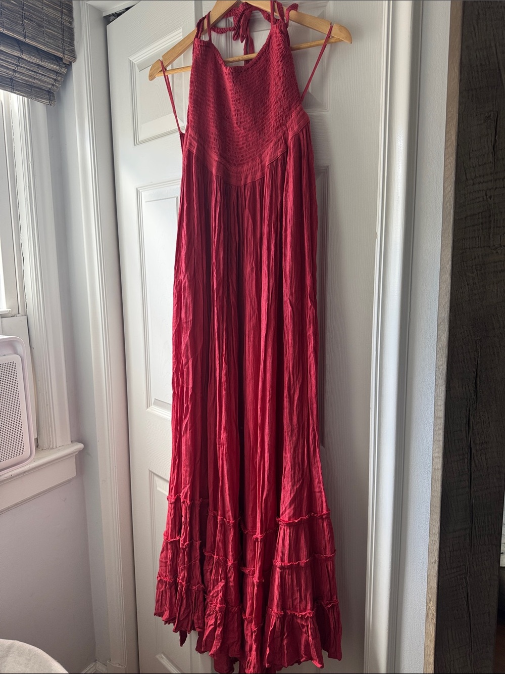 Free People Red Tiered Maxi Dress with Smocked Bodice
